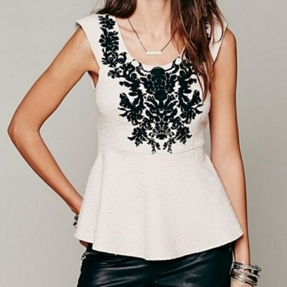 Free People Tops - Free People Wallflower Embroidered Peplum Top in Cream and Black Size Medium